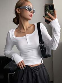 DAZY Solid Color Tight-Fitting T-Shirt With Long Sleeve And Large Round Neck,Back To School Clothes - White - View 7