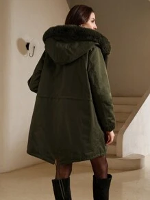 Anewsta Abrigo acolchado con cuello de piel gruesa y capucha, de largo medio y versátil - Verde militar - Ver 2