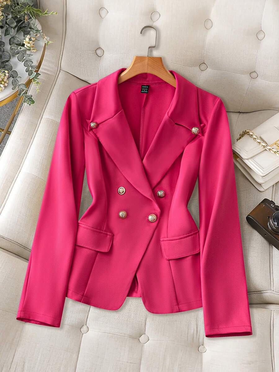 Chiquease 1 pièce Veste blazer rose simple et élégante à col châle, manches longues, pour femmes au printemps/automne - Rose vif - Voir 1