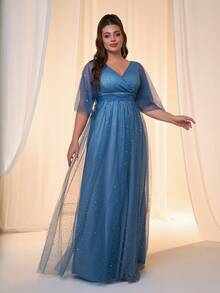 Váy chiffon dài tay xếp ly ngực không đối xứng cỡ lớn, váy dạ hội trang trọng thanh lịch, dành cho khách dự tiệc cưới, tốt nghiệp, tiệc tối - Màu xanh bụi bặm - Xem 6