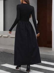 Aveloria Modichic 优雅简约拼接收腰长袖秋季长裙女士连衣裙优雅 - 黑色 - 查看 2