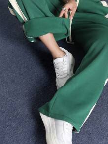 Muchica Quần ống rộng kẻ sọc xẻ gấu màu xanh lá cây thường ngày cho nữ dạo phố mùa thu - Màu xanh lá cây đậm - Xem 4