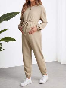 SHEIN Maternity Long Sleeve Jumpsuit With Drawstring And Bow Knitted Romper For Fall/Winter - Khaki - View 4