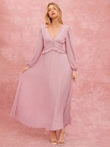 Enchnt 女士优雅纯色灯笼袖褶皱连衣裙，春夏 - 藕粉色 - 查看 9