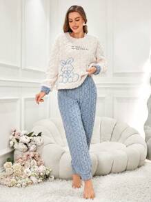 Rabbit Embroidered Women's Fleece Crew Neck Long Sleeve Top And Pants Pajama Set