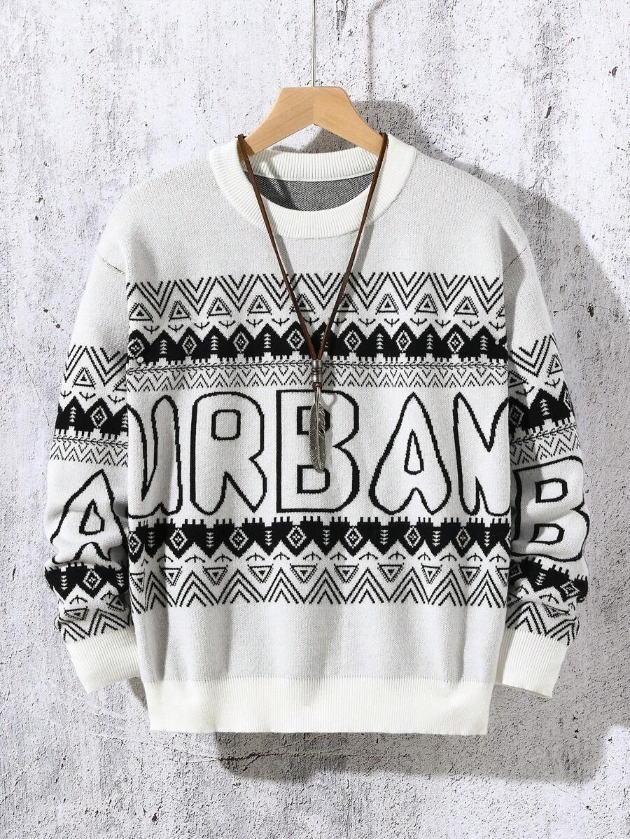 Jersey de punto casual con patrón de letras para niños, jersey de cuello redondo de manga larga, de moda para el otoño - Blanco - Ver 1