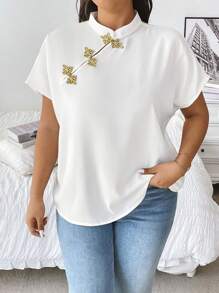 Franclia Blusa de manga corta con botones de estilo chino talla grande para mujeres