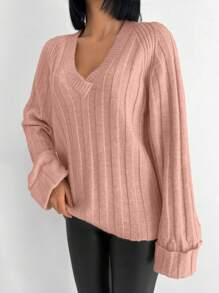 SHEIN Cottnline 女士纯色 V 领休闲长袖套头毛衣 - 淺粉色 - 查看 5