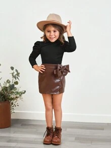 SHEIN Young Girl Plain Color All-Match Stand Collar T-Shirt With Puff Sleeves, Versatile - Black - View 3