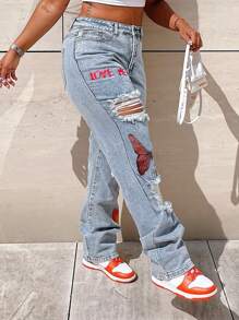 Women's Butterfly Slogan Print Distressed Straight-Leg Jeans Casual Spring - Light Wash - View 4