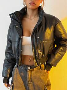 Muchica PU 立领纯色拉链短款夹棉大衣，秋冬款 - 黑色 - 查看 4