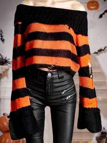 Jersey de mujer de manga larga con diseño de rayas de contraste de un hombro y agujero, de moda nueva para Halloween - Multicolor - Ver 3