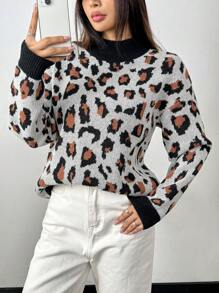 Chiquease Leopard Jacquard Knit Casual Loose High-Neck Long Sleeve Pullover Sweater Knit Pullover Fall Winter Outfit