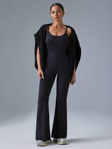 VARSITIE 纯色露背喇叭女式运动连体裤 - 黑色 - 查看 6