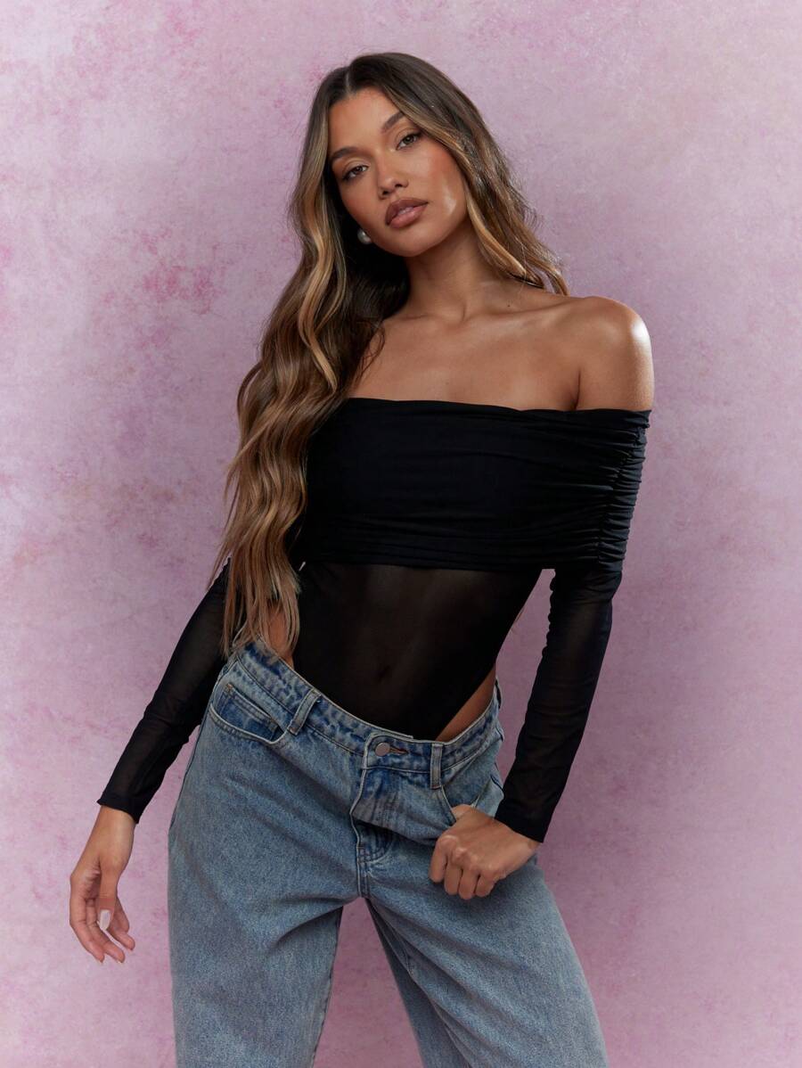 MISSGUIDED Mesh Ruched Off-Shoulder Long Sleeves High Leg Bardot Bodysuit - Black - View 1