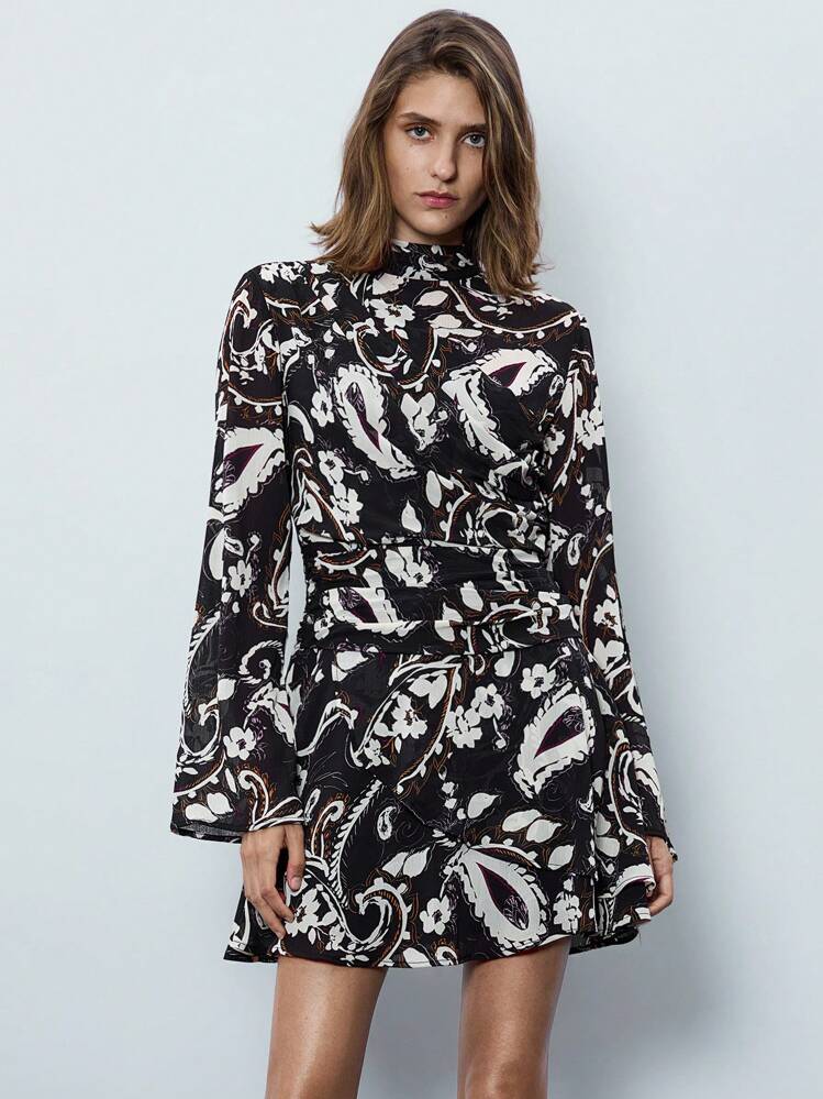 Maija 腰果花波西米亚风宽松袖束腰中长连衣裙，适合圣帕特里克节、复活节、中国新年、音乐节 - 黑色 - 查看 6