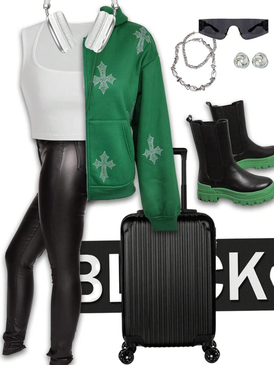 Slaydiva Autumn And Winter Casual Gorgeous Cross Body Hot Diamonds Rhinestones Bright Diamonds Long-Sleeved Hooded Zipper Sweatshirt Jacket Green Women's Sweatshirt Jacket-I - Dark Green - View 1