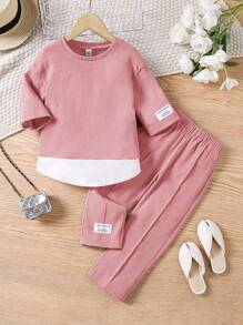 SHEIN Leap Crew 2 件套年轻女孩休闲针织拼布圆领长袖衬衫和长裤套装 - 粉色 - 查看 2