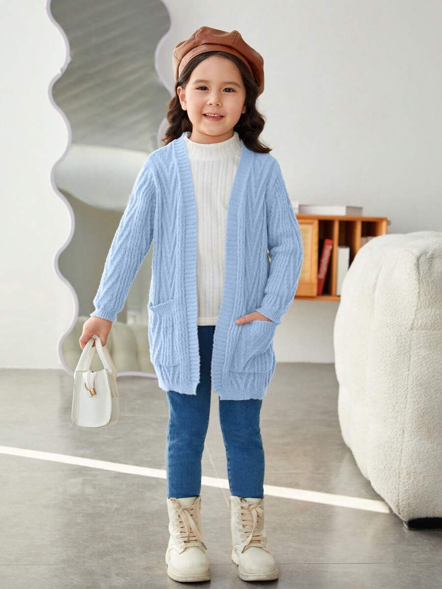 SHEIN 年轻女孩长袖休闲度假风格开衫 - 藍色 - 查看 1