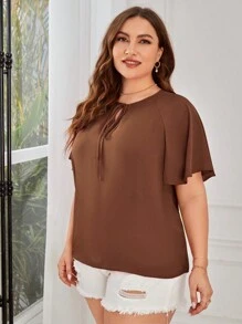 SHEIN Clasi 大码女式纯色简约日常系带短袖衬衫，商务休闲女装 - 巧克力棕 - 查看 4