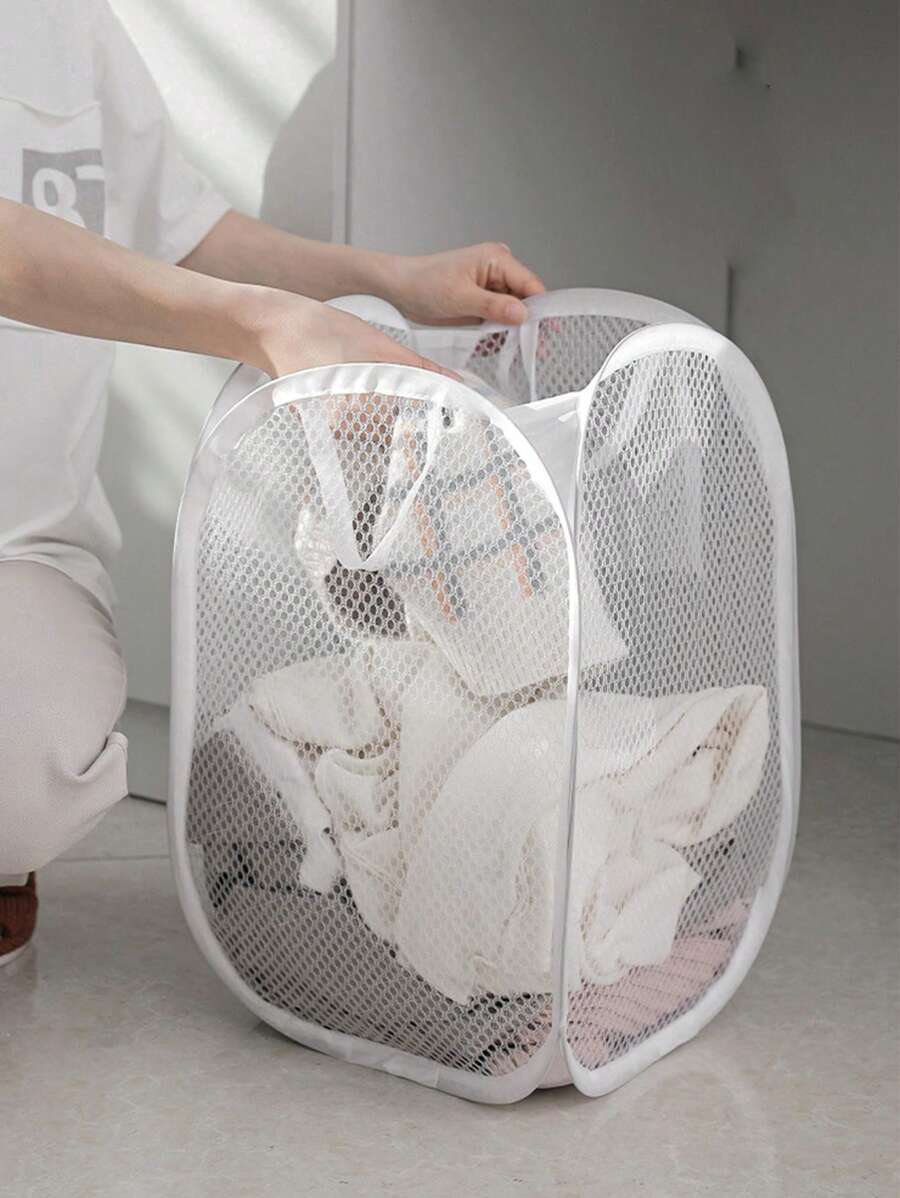 1pc White Foldable Laundry Basket With Handle And Side Pocket Large Capacity Pop-Up Laundry Hamper With Handle - Foldable Mesh Laundry Basket For Dirty Clothes Storage - Convenient Household Solution, School Supplies, School Accessories, Back To School, Storage, Laundry Basket, Basket, Organiser, Organization And Storage, Closet Organization And Storage, Storage Organizer, Bedroom, Wardrobe, Home, Storage Basket,Fall Decor