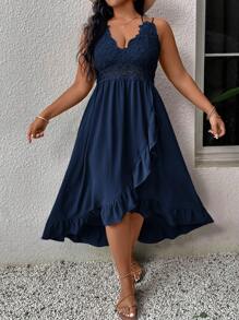SHEIN VCAY Plus Size Casual Holiday Patchwork Ruffle Strap Dress,Beach Dress Sundress,Holiday Outfits Boho