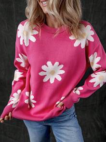 Cute Casual Long-Sleeved Knit Sweater With Daisy Floral Pattern And Round Neck - Pink - View 4