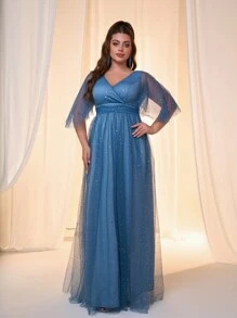 Váy chiffon dài tay xếp ly ngực không đối xứng cỡ lớn, váy dạ hội trang trọng thanh lịch, dành cho khách dự tiệc cưới, tốt nghiệp, tiệc tối - Màu xanh bụi bặm - Xem 4