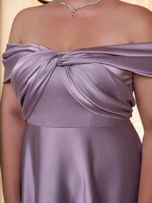 Váy satin cổ yếm chéo bất đối xứng cỡ lớn, váy phù dâu - Màu tím - Xem 5