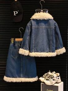 2 chiếc áo khoác dài tay cổ lông phối màu cho bé gái và váy thường ngày, mùa thu đông - Màu xanh hải quân - Xem 2