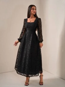 EURMUSE Romantic Style, Black Lace Pencil Skirt Maxi Dress - Black - View 2