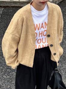 FRIFUL Cardigan casual feminino de cor sólida com ombros caídos, primavera/outono, roupas femininas de outono - Camelo - Ver 6