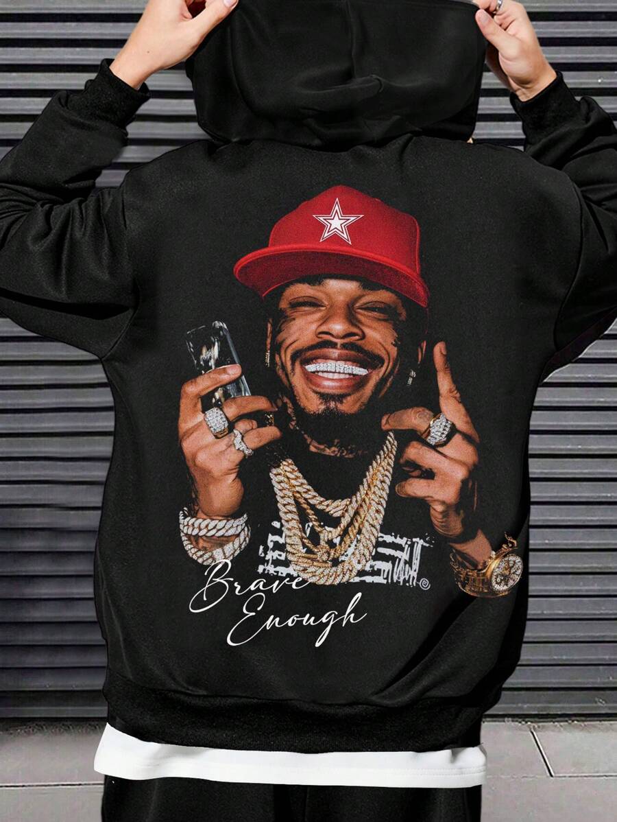 SHEIN Bolty Tween Boy Loose Fit Graphic Print Drawstring Hoodie Sweatshirt, Suitable For Fall/Winter - Black - View 1