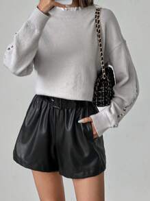 SHEIN LUNE Pull décontracté à col rond avec décoration de perles de faux-perles, printemps et automne, tricot pull automne hiver - Gris pâle - Voir 3