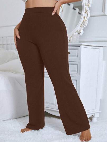 Pantalones de pierna acampanada de cintura alta de unicolor para mujer de talla grande