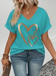 SHEIN LUNE 大码休闲 V 领荷叶边袖口心形印花 T 恤图案 T 恤女式上衣 - 藍色 - 查看 5