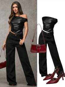 SHEIN BAE 黑色性感 PU 皮革，适用于街头服饰/办公室时尚/高科技服饰/斜肩无袖不对称下摆紧身女式上衣，适合秋季，不对称上衣 - 黑色 - 查看 7