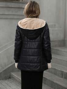 Aveloria Modichic 简约格子绗缝连帽拉链加厚棉服冬季休闲百搭 - 黑色 - 查看 2