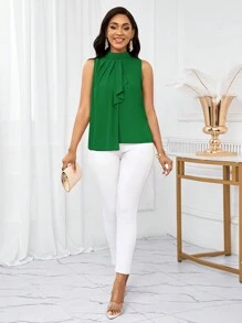 SHEIN Lady Blusa corta de verano sin mangas con hombros abiertos y volantes en color rosa para mujer - Verde - Ver 4