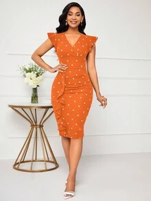 SHEIN Lady Office Dress V-Neck Polka Dot Print Wrap Around Ruffle Hem Elegant Dress - Yellow - View 3