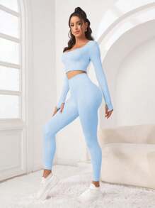 Core Rhythm 2pcs Women Solid Color Long Sleeve Cropped Tight T-Shirt And Seamless High Stretch Leggings Sports Set ,2 Pieces Set Blue - Blue - View 4