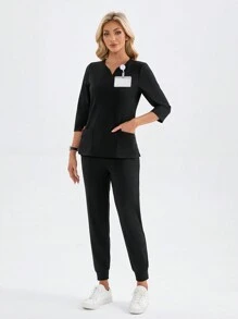 TaskEZ Solid Color V-Neck 3/4 Sleeve Pocket Scrub Top And Pants  Uniform Set Scrub Sets