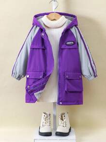 Kleine Jungen Lässig Sport Jacke in Tief-Lila mit Kontrast-Ärmeln, gerippten Bündchen, thermofutterter Lange Jacke, geeignet für Herbst/Winter, Outdoor-Tragen, Vielseitige Gelegenheiten