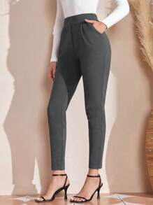 EMERY ROSE 女式纯色松紧腰褶皱休闲裤 - 灰色 - 查看 5