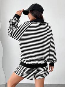 SHEIN EZwear 2 件女式条纹长袖运动衫和短裤套装 - 黑與白 - 查看 2