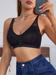 1pc Women's Front Closure Lace Patchwork Bra - Black - View 4