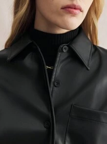 BizChic Black PU Elastic Hem Fitted Long Sleeve Jacket - Black - View 7