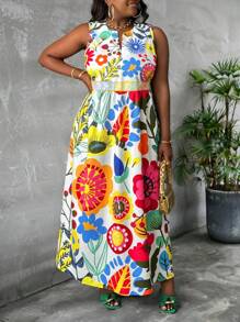 Slaydiva 大码印花无袖宽松 A 字形女式连衣裙，休闲度假 - 彩色 - 查看 3