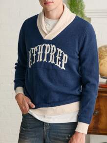 Manfinity VCAY Men V-Neck Letter Printed Long Sleeve Pullover Sweater