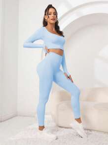 Core Rhythm 2pcs Women Solid Color Long Sleeve Cropped Tight T-Shirt And Seamless High Stretch Leggings Sports Set ,2 Pieces Set Blue - Blue - View 6